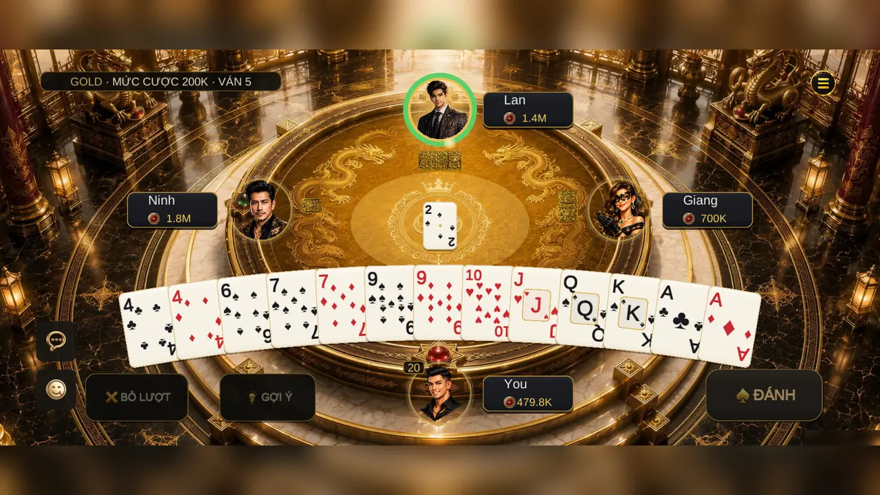 A four-player hand in progress at a Gold-room table
